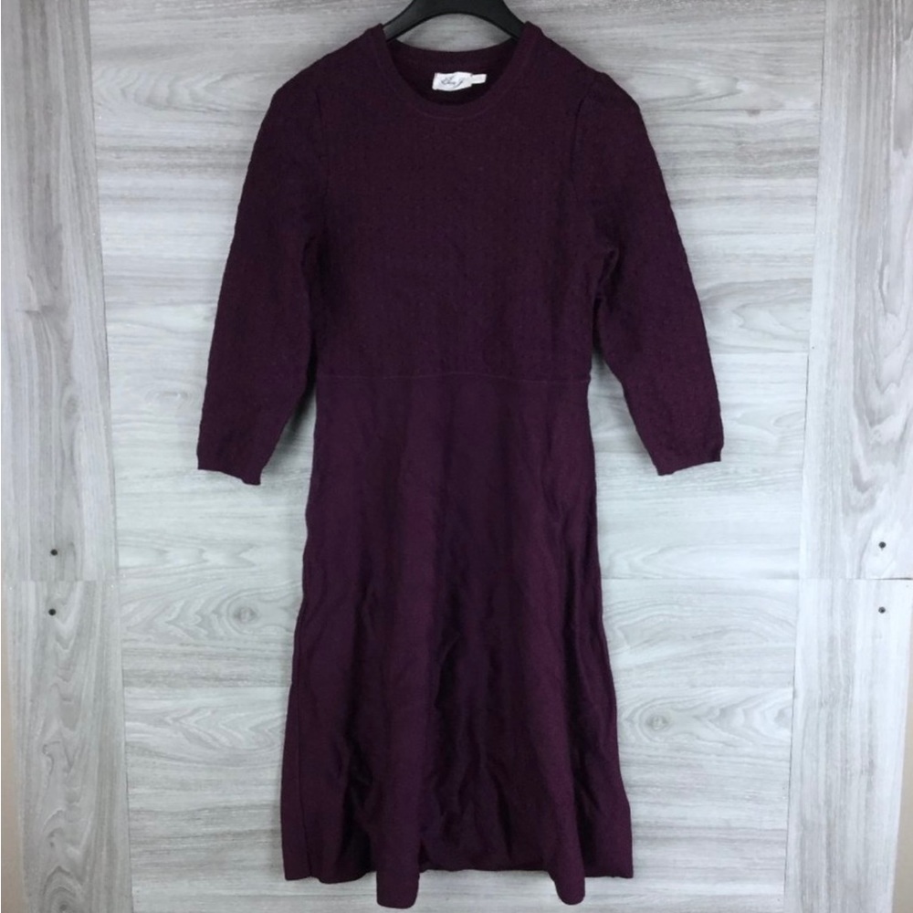 Eliza J Crewneck Three-Quarter Sleeve Fit & Flare Quilted Sweater Purple Dress